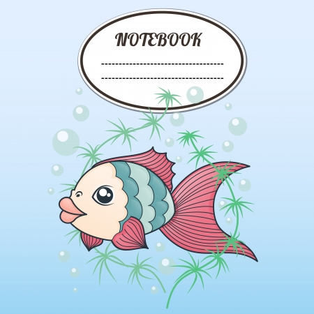 cover notebook with a frame for a name and a fish in the algae on water backgroundのイラスト素材