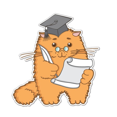 funny cartoon cat is a graduate student with pen and paperのイラスト素材