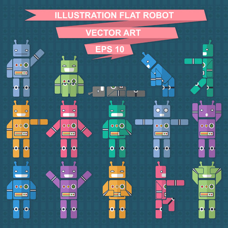 flat robots, robots set with different emotions and poses, cartoon styleのイラスト素材