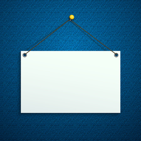 paper plate on a shoestring pinned pushpin to a fabric background, blue, denimのイラスト素材