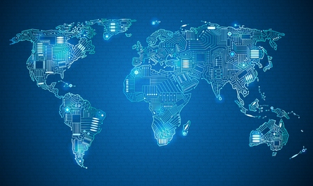 World map technology style digital world with electronic systems, traveling anywhere in the world using the gadget, white border on a blue background