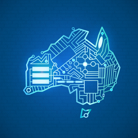 contour mainland Australia in technological style with intertwining cables, computer board, on a blue backgroundのイラスト素材