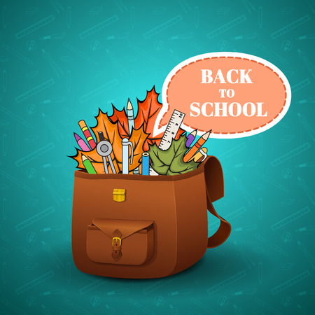 School briefcase with a realistic skin texture and hand-drawn school supplies on a blue background, school backgroundのイラスト素材