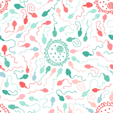 Seamless pattern with female egg and the male sperm, fertilization backgroundのイラスト素材