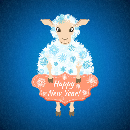 Christmas background with sheep, which is holding a plate with the words Happy New Yearのイラスト素材