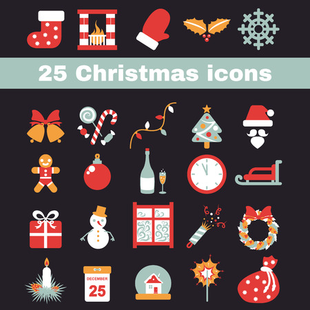 set of colored simple icons for the new year on a dark backgroundのイラスト素材