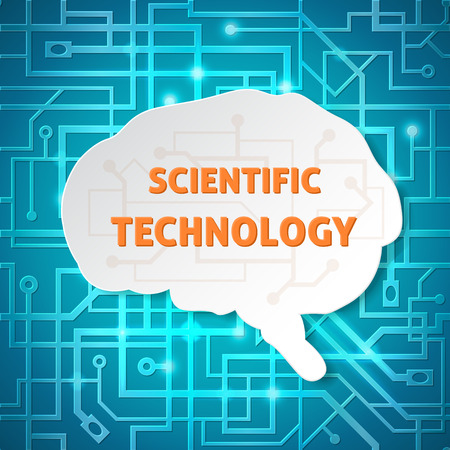 scientific background, weaving wires, motherboard with a text bubble in the form of the brain, the white note on a blue backgroundのイラスト素材