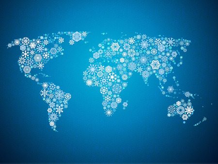 snowflakes world map for the new year, greeting card on blue backgroundのイラスト素材