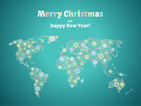 Christmas background, snowflakes world map for the new year, greeting cardsのイラスト素材