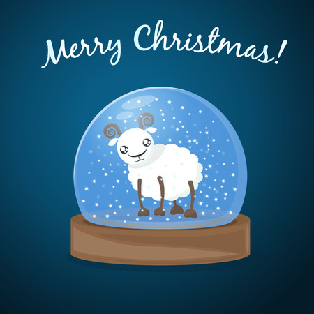 glass snow globe with cartoon sheep, New Year greetings backgroundのイラスト素材