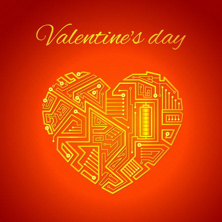 tangle of wires in the form of the heart, the motherboard of the gold wires on a red background, greeting card for Valentines dayのイラスト素材