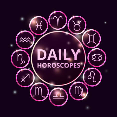 zodiac signs collection, round horoscope symbols icons shining on dark backgroundのイラスト素材