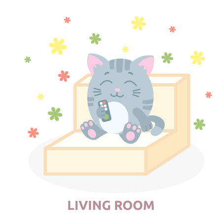 cat character sitting on sofa watching tv, cartoon styleのイラスト素材