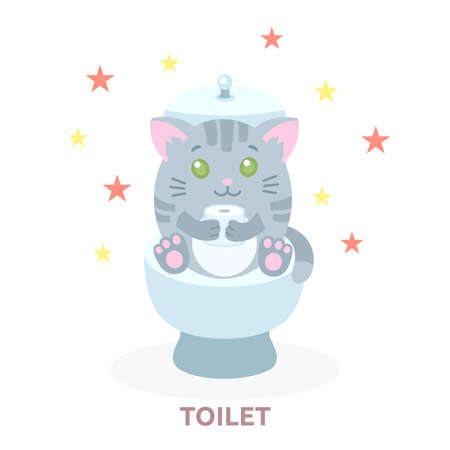 character cat sitting in the toilet, cartoon styleのイラスト素材
