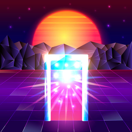 Futuristic landscape in neon colors, retro style with laser grid.のイラスト素材