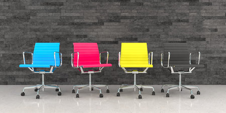 3d render of business lounge with four colorful chairs in cmyk