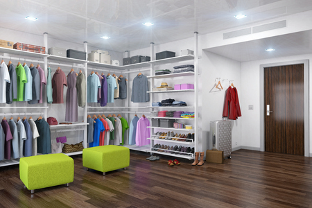3d render - dressing room with women's and men's clothing.の写真素材
