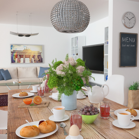 3d render of a dining room with dining table - breakfast.の写真素材