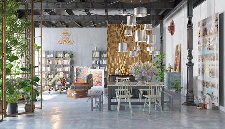 3d render of a light flooded loft apartment with large windows - bright living room with a dining...