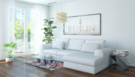 3d render of a modern bright living room of a loft with a large, bright couch