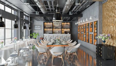 3d render of a modern, bright restaurant with bar and large windowsの写真素材