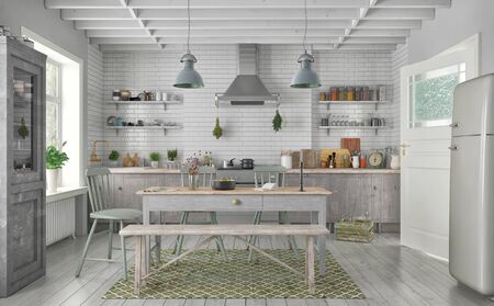 3d render of scandinavian flat - kitchen - dining roomの写真素材