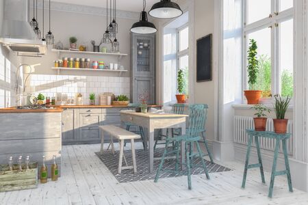 3d render of scandinavian flat - kitchen - dining roomの写真素材