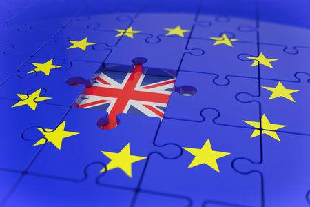 3d render - jigsaw puzzle with flag of European Union and Great Britain - brexitの写真素材