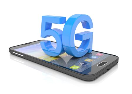 3d rendering of a smartphone with the capital letters 5G in blue on a white background - fast mobile network conceptの写真素材