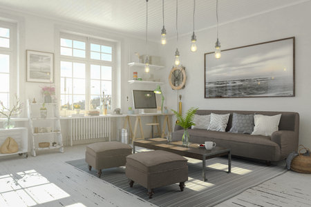 3d render of a Scandinavian, Nordic apartment - living room