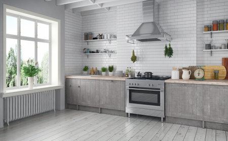 3d render of an old scandinavian flat - kitchen
