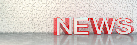 3d render of news in red capital letters on a reflective floor in the background a abstract wall