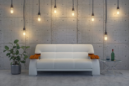 3d render - interior of scandinavian living room with sofa, concrete wall and decoration