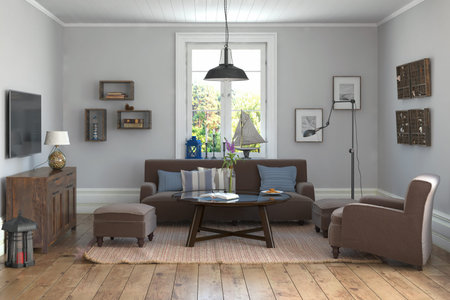 3d render - scandinavian flat - livingroom with couch, armchair, stool, table, lamps, furniture and...