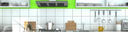 Interior panorama of a modern kitchen (3d rendering).