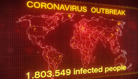 Illustation of a world map showing the outbreak of the coronavirus - with numbers of people infected - screenの写真素材