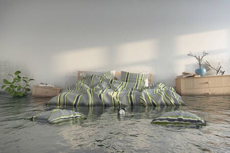 3d render - Water damage after flooding in the house with floating furniture - Scandinavian bedroomの写真素材