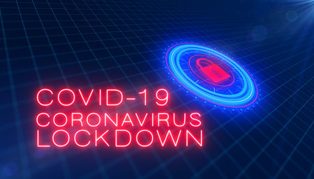 Illustation of a technological, futuristic HUD in blue and red with a padlock symbol and the message...