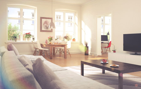 3d rendering of a comfortable apartment with living room and dining area - vintage look.