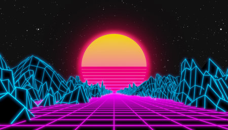 Illustation of futuristic 80s Dynamic Synthwave retro style - absctact wireframe background