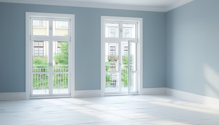 3d render of an empty room with large windows, balcony and parquet floor - scandinavian styleの写真素材