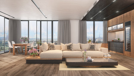 3d rendering of a modern loft, with an open kitchen, dining table, living room with a couchの写真素材
