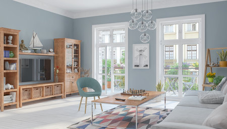 3d render of a scandinavian, nordic, cosy living room with a sofa, table and furniture - flat - apartmentの写真素材
