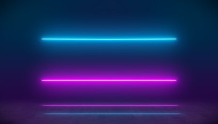 Illustation of glowing neon lines in blue and magenta on reflecting floor. - Abstract backgroundの写真素材