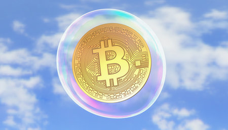 3d rendering of a physical golden bitcoin in a soap bubble, in the background a blue sky with clouds - cryptocurrency conceptの写真素材