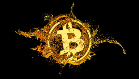 3d render of the bitcoin logo in gold and golden paint splashes over black backgroundの写真素材