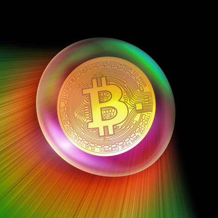 3d rendering of a physical golden bitcoin in a soap bubble over rainbow color background - cryptocurrency conceptの写真素材