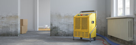 3d rendering of an empty scandinavian room with water damage and building dryer - renovateの写真素材