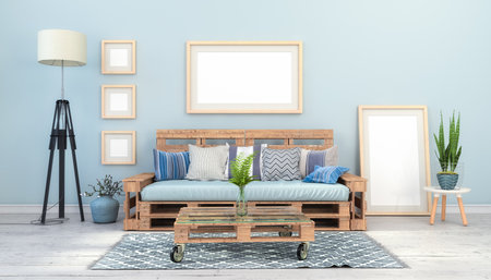 3d render - Interior of a Scandinavian living room a pallet couch, table and maritime decorationの写真素材