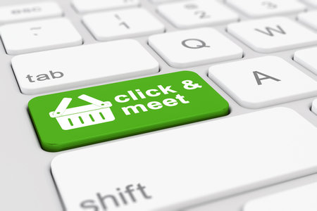 3d render of a keyboard with a green key and the message click and meetの写真素材